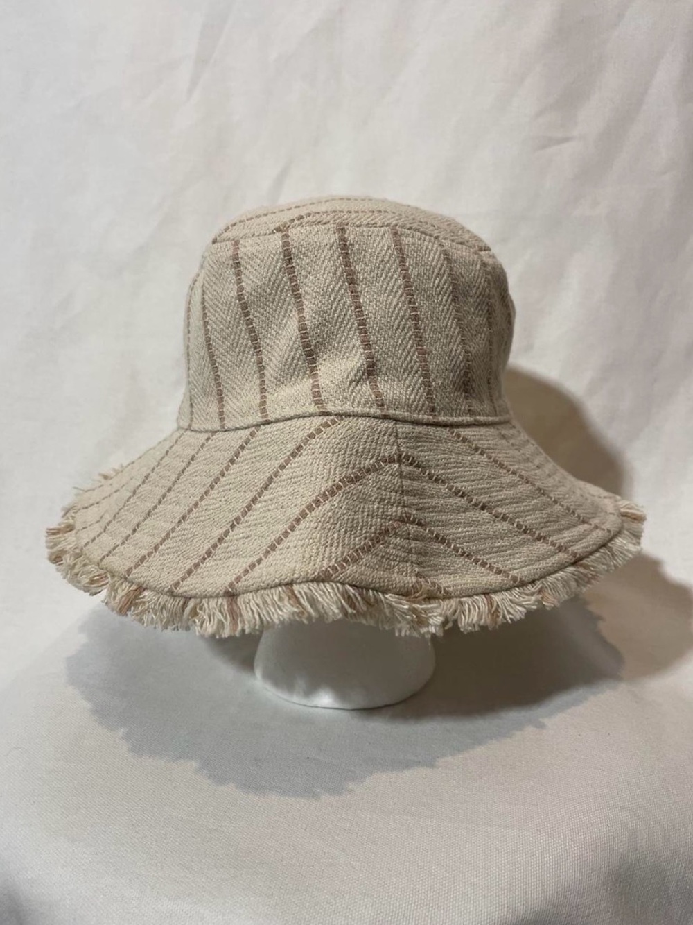 Frayed Edge Beige Striped Bucket Hat